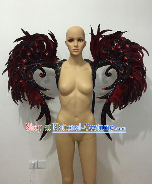 Top Grade Professional Stage Show Halloween Parade Props Decorations Deluxe Wings, Brazilian Rio Carnival Parade Samba Dance Black Feather Backplane for Women