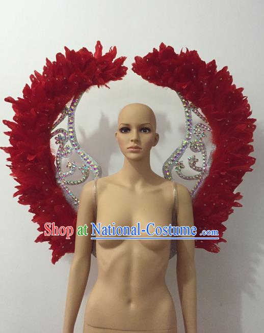 Top Grade Professional Stage Show Halloween Parade Props Decorations Red Feather Deluxe Wings, Brazilian Rio Carnival Parade Samba Dance Backplane for Women