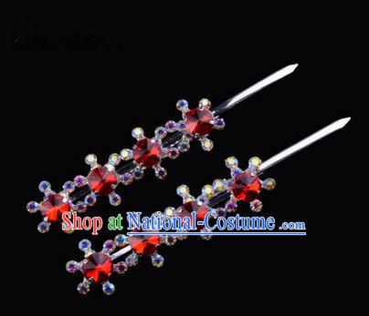 Chinese Ancient Peking Opera Hair Accessories Young Lady Diva Head Ornaments, Traditional Chinese Beijing Opera Hua Tan Red Colorful Crystal Four Beads Hairpins