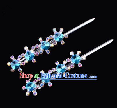 Chinese Ancient Peking Opera Hair Accessories Young Lady Diva Head Ornaments, Traditional Chinese Beijing Opera Hua Tan Blue Colorful Crystal Four Beads Hairpins