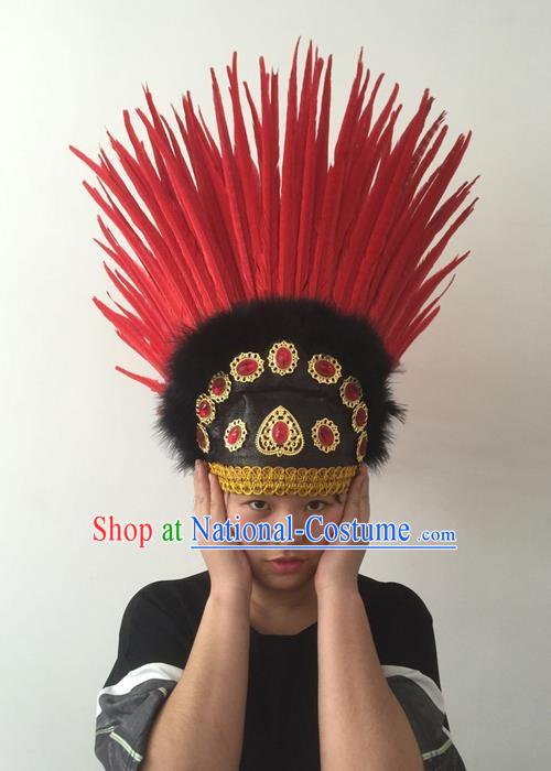 Top Grade Professional Stage Show Halloween Parade Red Feather Hat Hair Accessories, Brazilian Rio Carnival Parade Samba Dance Catwalks Headwear for Women