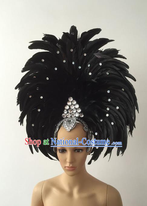 Top Grade Professional Stage Show Halloween Parade Black Feather Deluxe Hair Accessories, Brazilian Rio Carnival Samba Dance Modern Fancywork Headwear for Women