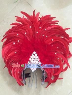 Top Grade Professional Stage Show Halloween Parade Red Feather Deluxe Hair Accessories, Brazilian Rio Carnival Samba Dance Modern Fancywork Headwear for Women