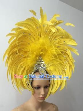 Top Grade Professional Stage Show Halloween Parade Yellow Feather Deluxe Hair Accessories, Brazilian Rio Carnival Samba Dance Modern Fancywork Headwear for Women