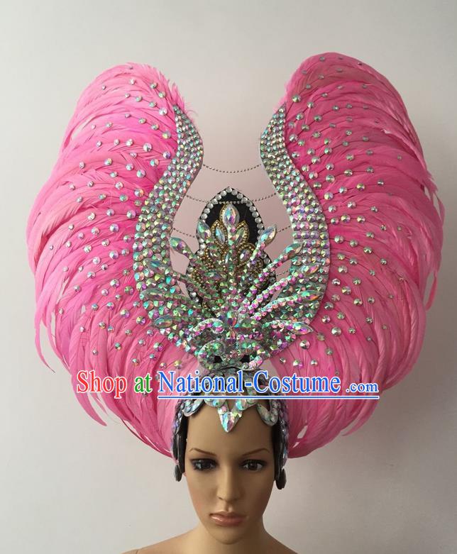 Top Grade Professional Stage Show Halloween Parade Pink Feather Deluxe Hair Accessories, Brazilian Rio Carnival Samba Dance Modern Fancywork Headwear for Women