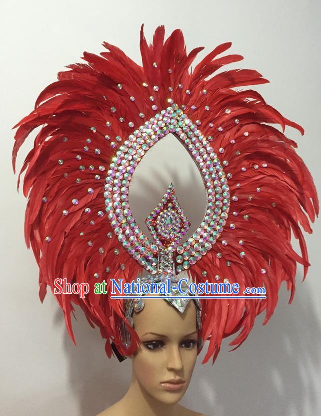 Top Grade Professional Stage Show Halloween Parade Red Feather Deluxe Hair Accessories, Brazilian Rio Carnival Samba Dance Modern Fancywork Crystal Headwear for Women