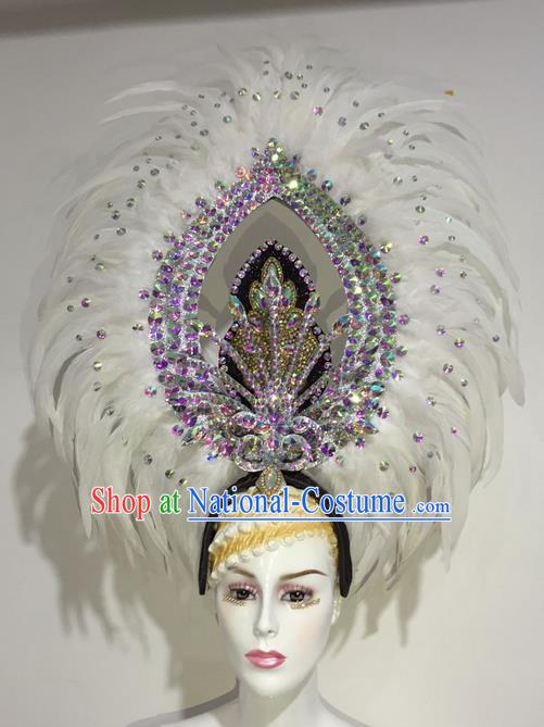 Top Grade Professional Stage Show Halloween Parade White Feather Deluxe Hair Accessories, Brazilian Rio Carnival Samba Dance Modern Fancywork Crystal Headwear for Women