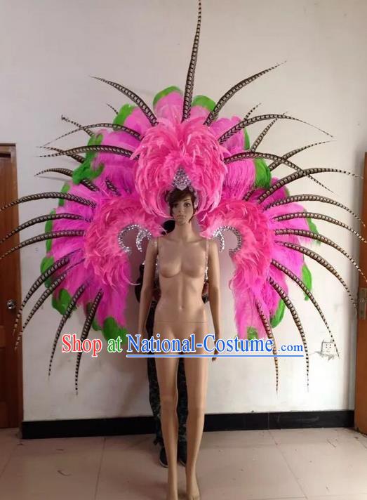 Top Grade Professional Stage Show Halloween Parade Pink Feather Deluxe Wings and Hair Accessories, Brazilian Rio Carnival Samba Dance Modern Fancywork Crystal Headwear Backplane for Women