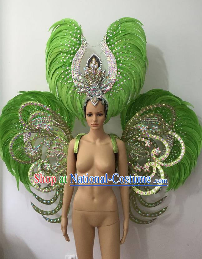 Top Grade Professional Stage Show Halloween Parade Green Feather Deluxe Butterfly Wings and Hair Accessories, Brazilian Rio Carnival Samba Dance Modern Fancywork Backplane for Women