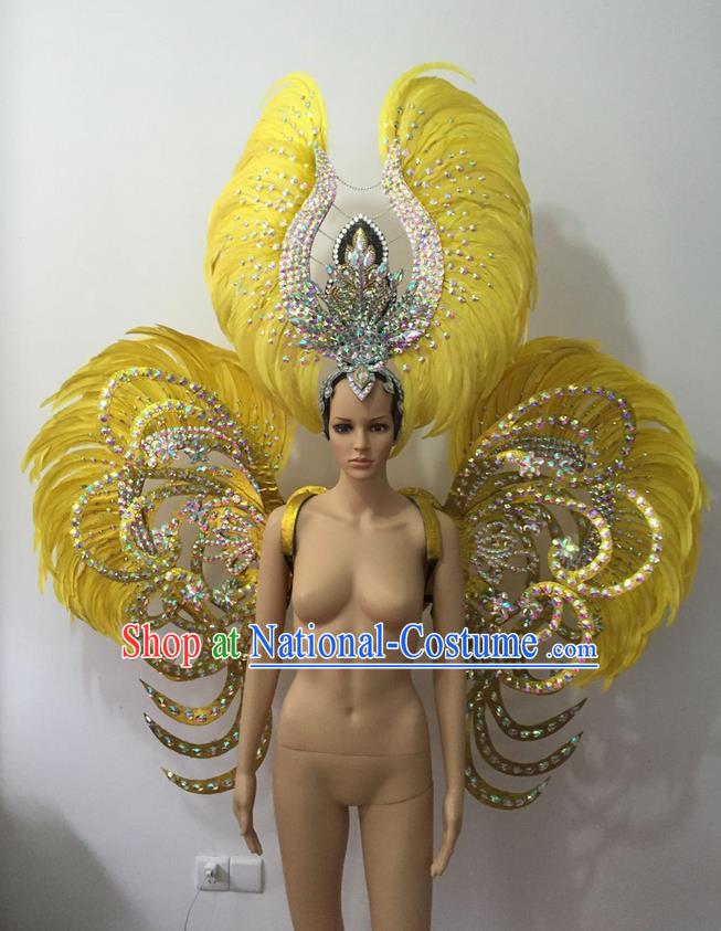 Top Grade Professional Stage Show Halloween Parade Yellow Feather Deluxe Butterfly Wings and Hair Accessories, Brazilian Rio Carnival Samba Dance Modern Fancywork Backplane for Women