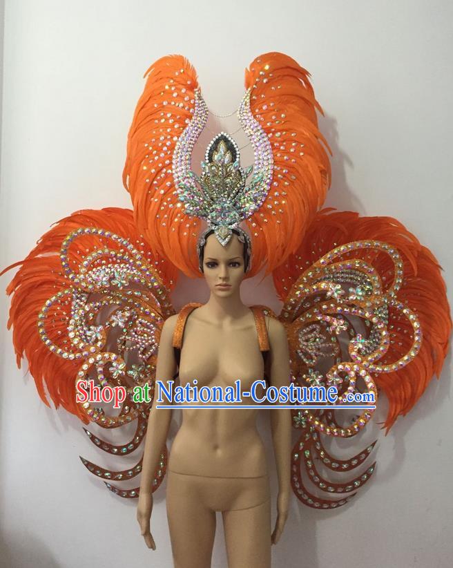 Top Grade Professional Stage Show Halloween Parade Orange Feather Deluxe Butterfly Wings and Hair Accessories, Brazilian Rio Carnival Samba Dance Modern Fancywork Backplane for Women