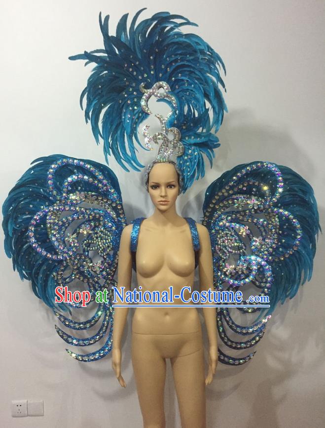 Top Grade Professional Stage Show Halloween Parade Blue Feather Deluxe Butterfly Wings and Hair Accessories, Brazilian Rio Carnival Samba Dance Modern Fancywork Backplane for Women