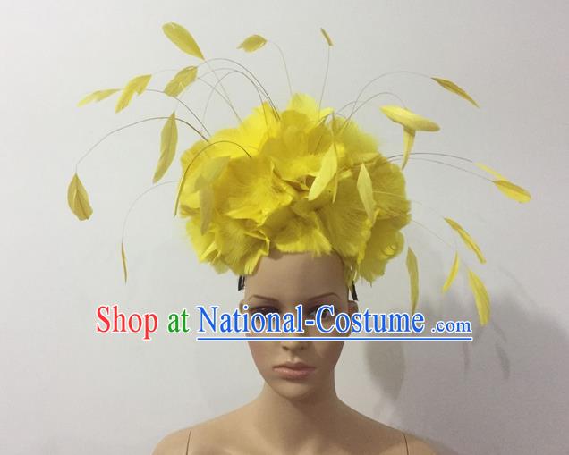 Top Grade Professional Stage Show Halloween Parade Yellow Feather Deluxe Hair Accessories, Brazilian Rio Carnival Samba Dance Modern Fancywork Headpiece for Women