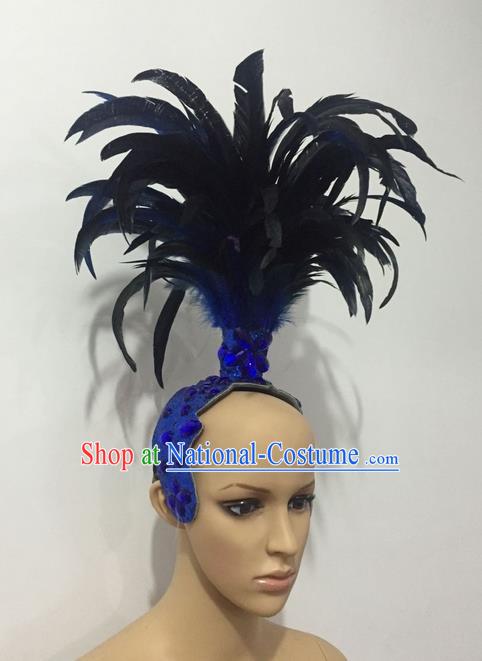 Top Grade Professional Stage Show Halloween Parade Feather Blue Crystal Headwear, Brazilian Rio Carnival Samba Dance Modern Fancywork Hair Accessories Headpiece for Women