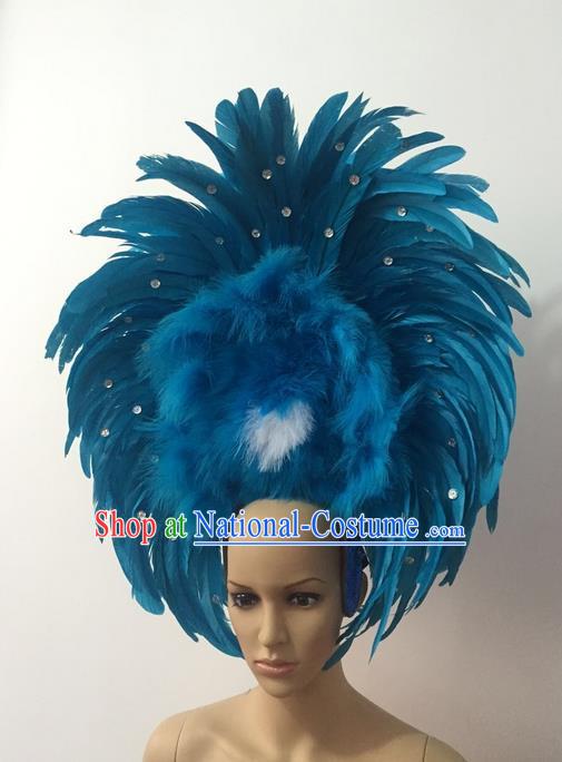 Top Grade Professional Stage Show Halloween Parade Blue Feather Headwear, Brazilian Rio Carnival Samba Dance Modern Fancywork Hair Accessories Headpiece for Women