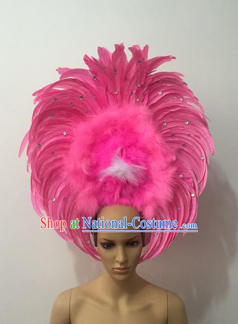 Top Grade Professional Stage Show Halloween Parade Pink Feather Headwear, Brazilian Rio Carnival Samba Dance Modern Fancywork Hair Accessories Headpiece for Women