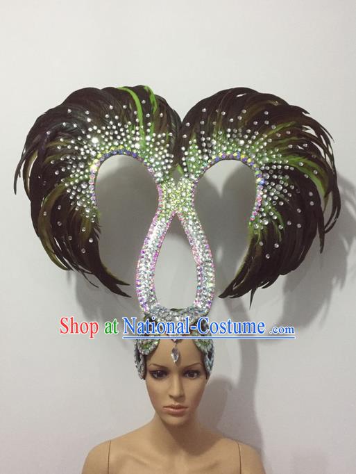 Top Grade Professional Stage Show Halloween Parade Crystal Feather Headwear, Brazilian Rio Carnival Samba Dance Modern Fancywork Hair Accessories Headpiece for Women