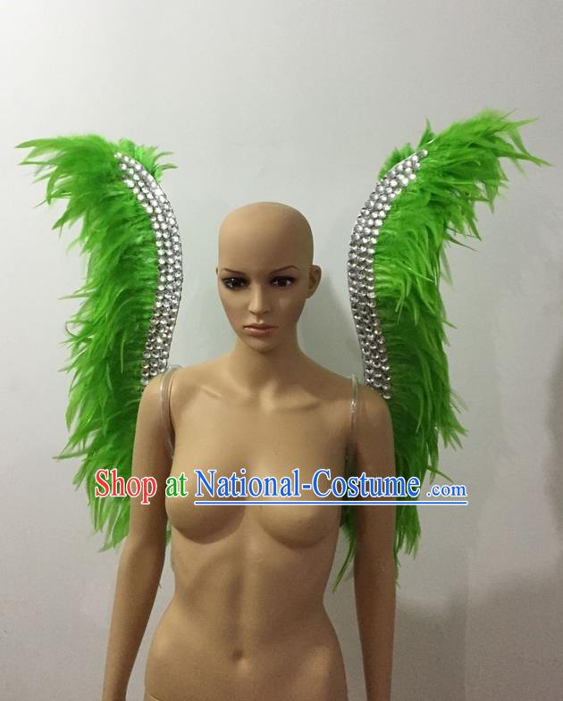 Top Grade Professional Stage Show Halloween Parade Green Feather Wings, Brazilian Rio Carnival Samba Dance Modern Fancywork Props Decorations for Women