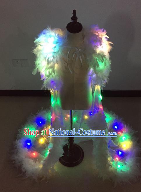 Top Grade Professional Performance Catwalks Bikini Led Light Costume, Traditional Brazilian Rio Carnival Samba Modern Fancywork White Feather Swimsuit Clothing for Kids