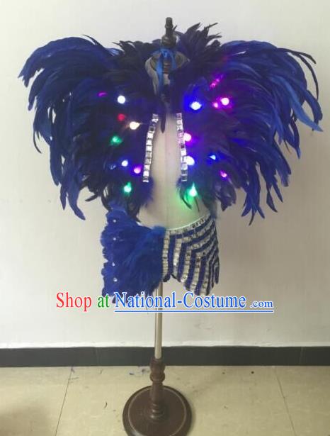 Top Grade Professional Performance Catwalks Bikini Costume, Traditional Brazilian Rio Carnival Samba Modern Fancywork Blue Feather Swimsuit Led Light Clothing for Kids