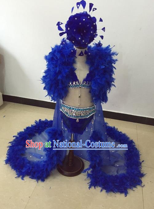 Top Grade Professional Performance Catwalks Bikini Costume and Headwear, Traditional Brazilian Rio Carnival Samba Modern Fancywork Blue Feather Swimsuit Led Light Clothing for Kids