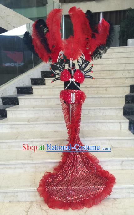 Top Grade Professional Performance Catwalks Bikini Costume and Headwear, Traditional Brazilian Rio Carnival Samba Modern Fancywork Red Feather Swimsuit Clothing for Kids