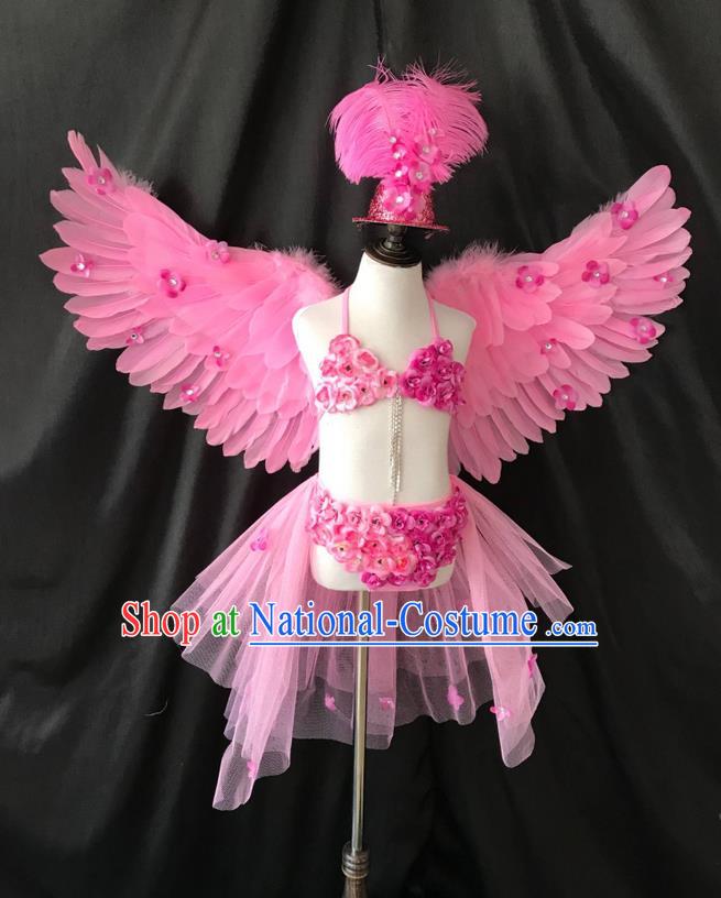 Top Grade Professional Performance Catwalks Bikini Costume and Headpiece, Traditional Brazilian Rio Carnival Samba Modern Fancywork Pink Feather Swimsuit for Kids