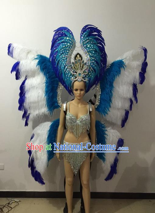 Top Grade Professional Performance Catwalks Bikini Butterfly Wings Costume and Headpiece, Traditional Brazilian Rio Carnival Samba Modern Fancywork Blue Feather Swimsuit for Women