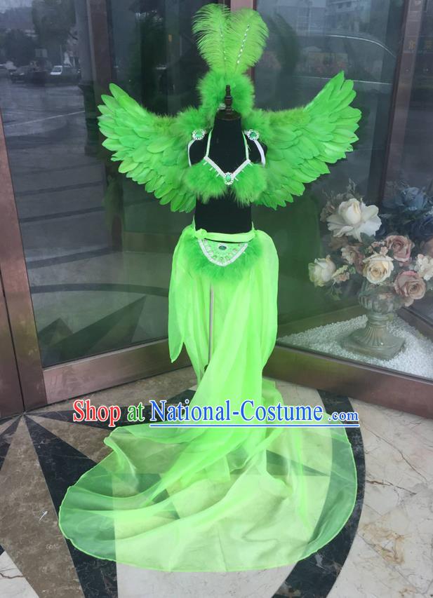 Top Grade Professional Performance Catwalks Bikini Costume and Headpiece, Traditional Brazilian Rio Carnival Samba Modern Fancywork Green Feather Trailing Swimsuit for Kids