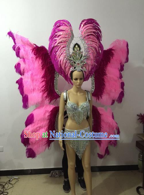 Top Grade Professional Performance Catwalks Bikini Butterfly Wings Costume and Headpiece, Traditional Brazilian Rio Carnival Samba Modern Fancywork Pink Feather Swimsuit for Women