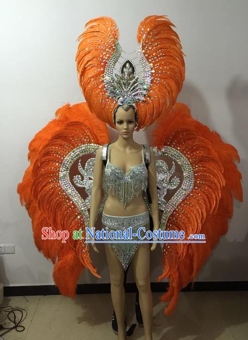 Top Grade Professional Performance Catwalks Bikini Wings Costume and Headpiece, Traditional Brazilian Rio Carnival Samba Modern Fancywork Orange Feather Swimsuit for Women