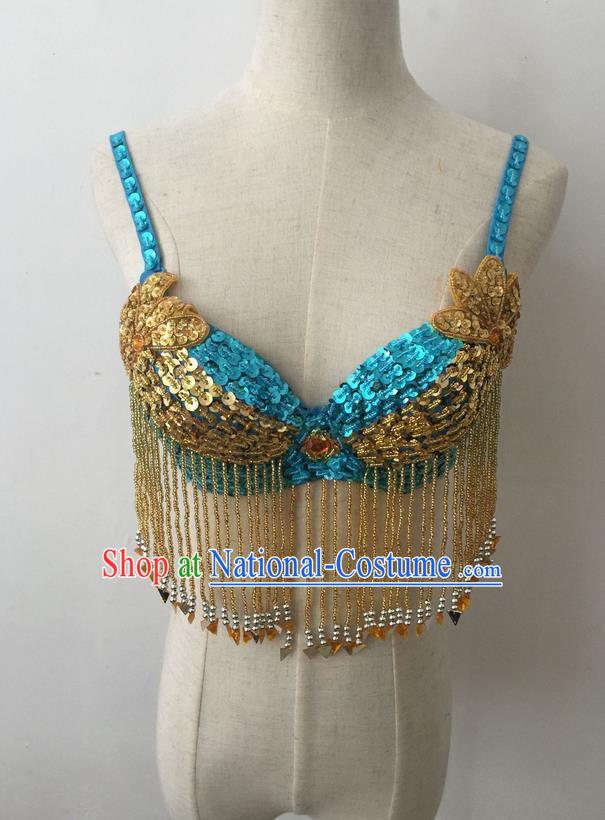 Top Grade Professional Performance Catwalks Bikini Clothing, Traditional Brazilian Rio Carnival Samba Modern Fancywork Belly Dance Blue Brassiere for Women