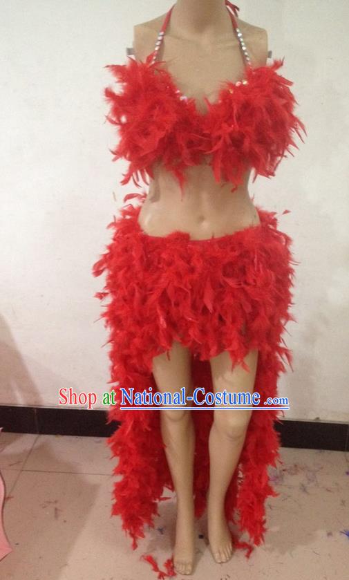 Top Grade Professional Performance Catwalks Bikini Clothing, Traditional Brazilian Rio Carnival Samba Modern Fancywork Red Feather Swimsuit Costume for Kids