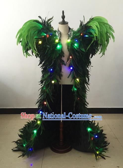 Top Grade Professional Performance Catwalks Led Light Clothing, Traditional Brazilian Rio Carnival Samba Modern Fancywork Green Feather Costume for Kids