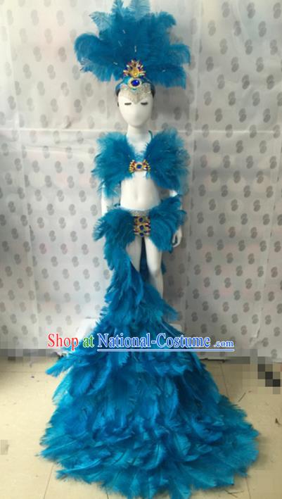 Top Grade Professional Performance Catwalks Bikini Costume and Headpiece, Traditional Brazilian Rio Carnival Samba Modern Fancywork Blue Feather Trailing Swimsuit for Kids