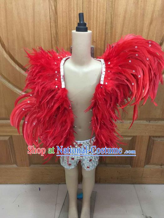 Top Grade Professional Performance Catwalks Led Light Clothing, Traditional Brazilian Rio Carnival Samba Modern Fancywork Red Feather Costume for Kids