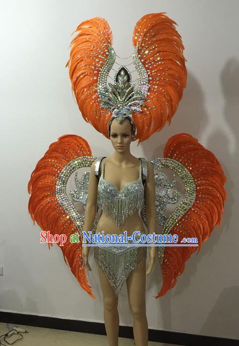 Top Grade Professional Performance Catwalks Orange Feather Bikini and Deluxe Wings Headpiece, Traditional Brazilian Rio Carnival Samba Modern Fancywork Swimsuit Costume for Women