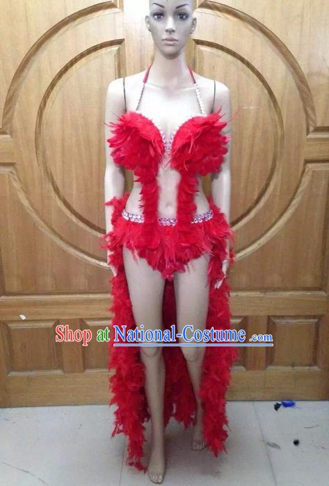 Top Grade Professional Performance Catwalks Red Feather Bikini Costume, Traditional Brazilian Rio Carnival Samba Dance Modern Fancywork Swimsuit Costume for Women