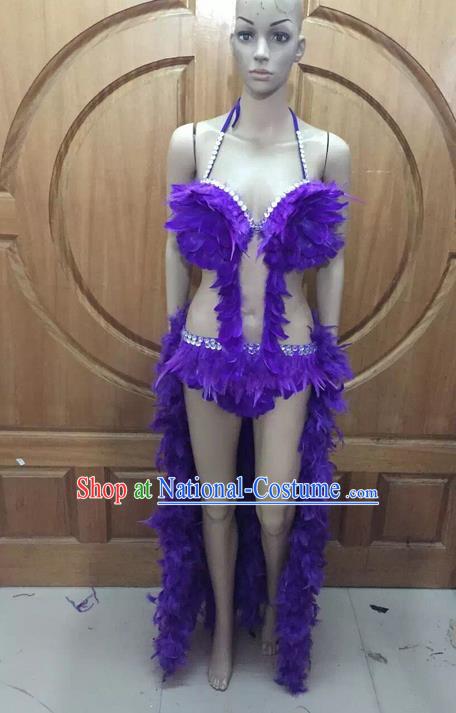 Top Grade Professional Performance Catwalks Purple Feather Bikini Costume, Traditional Brazilian Rio Carnival Samba Dance Modern Fancywork Swimsuit Costume for Women