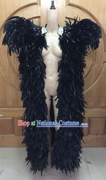 Top Grade Professional Performance Catwalks Black Feather Peacock Cloak, Traditional Brazilian Rio Carnival Samba Dance Modern Fancywork Clothing for Men