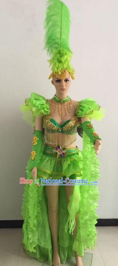 Top Grade Professional Performance Catwalks Green Bikini Costume and Feather Headwear, Traditional Brazilian Rio Carnival Samba Dance Modern Fancywork Clothing for Women