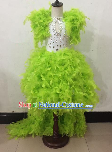 Top Grade Professional Performance Catwalks Costume Green Dress, Traditional Brazilian Rio Carnival Samba Dance Modern Fancywork Clothing for Kids