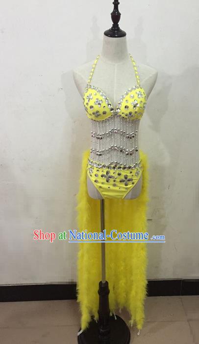 Top Grade Professional Performance Catwalks Costume Yellow Bikini, Traditional Brazilian Rio Carnival Samba Dance Modern Fancywork Clothing for Women