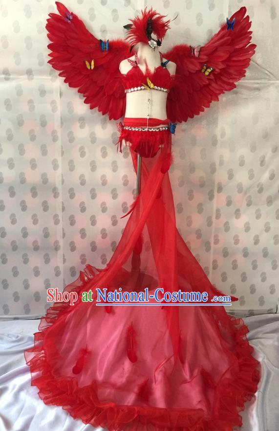 Top Grade Professional Performance Catwalks Costume Red Feather Bikini with Wings, Traditional Brazilian Rio Carnival Samba Dance Modern Fancywork Swimsuit Clothing for Kids