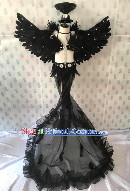 Top Grade Professional Performance Catwalks Costume Black Feather Bikini with Wings, Traditional Brazilian Rio Carnival Samba Dance Modern Fancywork Swimsuit Clothing for Kids