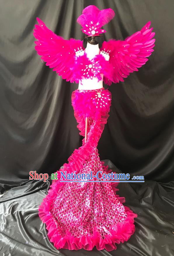 Top Grade Professional Performance Catwalks Costume Rosy Feather Bikini with Wings, Traditional Brazilian Rio Carnival Samba Dance Modern Fancywork Swimsuit Clothing for Kids