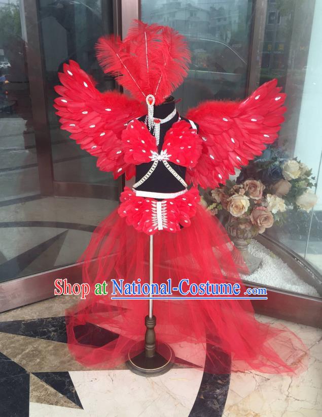 Top Grade Professional Performance Catwalks Costume Red Feather Bikini with Wings, Traditional Brazilian Rio Carnival Samba Dance Modern Fancywork Swimsuit Clothing for Kids