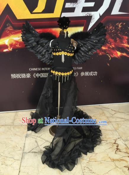 Top Grade Professional Performance Catwalks Costume Black Feather Bikini with Wings, Traditional Brazilian Rio Carnival Samba Dance Modern Fancywork Swimsuit Clothing for Kids