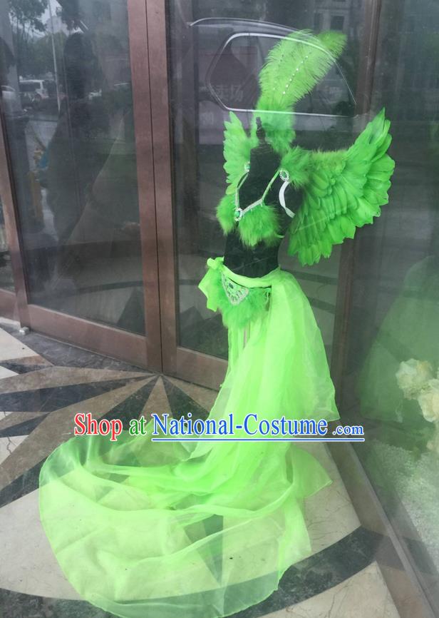 Top Grade Professional Performance Catwalks Costume Green Feather Bikini with Wings, Traditional Brazilian Rio Carnival Samba Dance Modern Fancywork Swimsuit Clothing for Kids