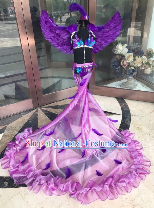 Top Grade Professional Performance Catwalks Costume Purple Feather Bikini with Wings, Traditional Brazilian Rio Carnival Samba Dance Modern Fancywork Swimsuit Clothing for Kids